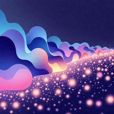 The primary subject of the image is a colorful, swirling pattern that resembles a cloud. The setting is a dark background, which contrasts with the vibrant colors of the cloud pattern. The visual style is a combination of digital art and illustration, creating a unique and eye-catching design. The dominant colors are pink, blue, and purple, giving the image a lively and energetic atmosphere.